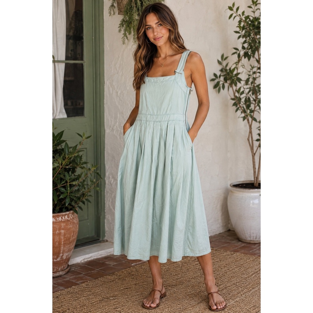 Universal Thread Mint Green 100% Cotton Pinafore Midi Dress Size 14 Pockets